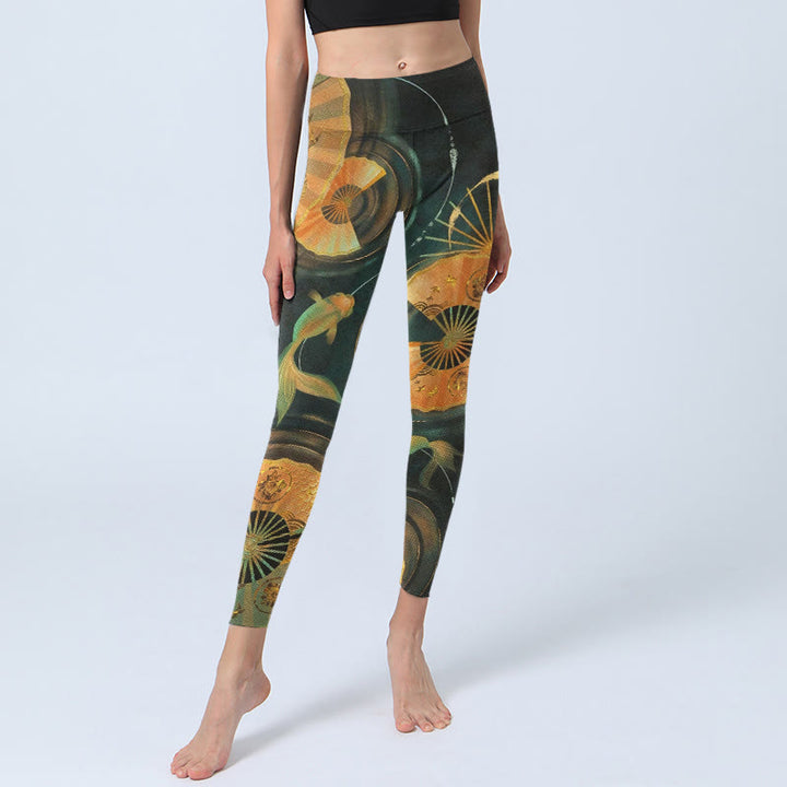 Buddha Stones Piękne składane legginsy do jogi z nadrukiem ryb koi - image 5