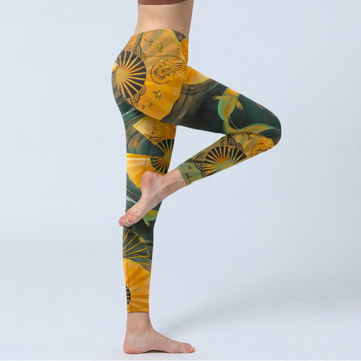 Buddha Stones Piękne składane legginsy do jogi z nadrukiem ryb koi - image 3