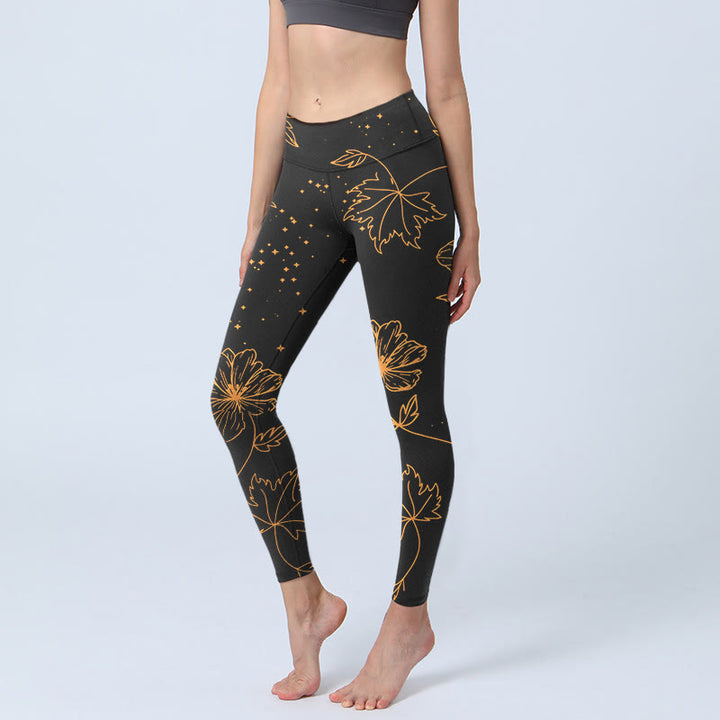 Buddha Stones Minimalistyczne legginsy do jogi damskie z nadrukiem w kwiaty i liście w gwiazdki - Czarny - US18, UK/AU22, EU50 (4XL) - image 0