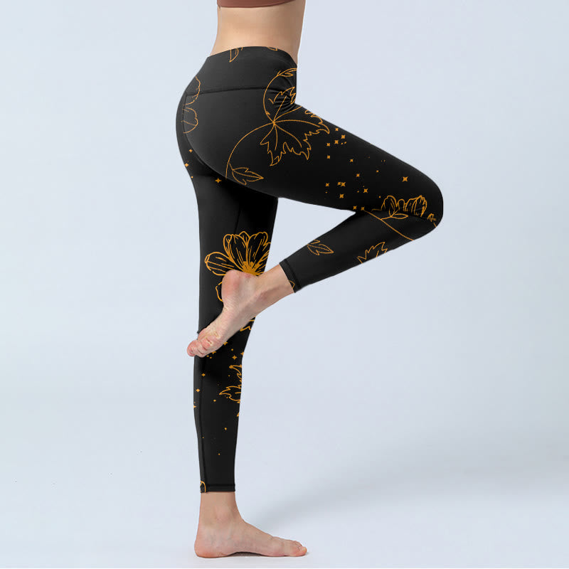 Buddha Stones Minimalistyczne legginsy do jogi damskie z nadrukiem w kwiaty i liście w gwiazdki - image 3
