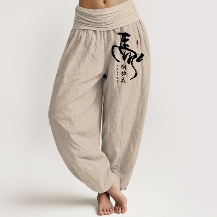 Buddha Stones Spodnie damskie typu harem z elastycznej talii z czystej bawełny z krótkim wzorem w chińskie znaki - Dębnik - US16, UK/AU20, EU48 (3XL) - image 0