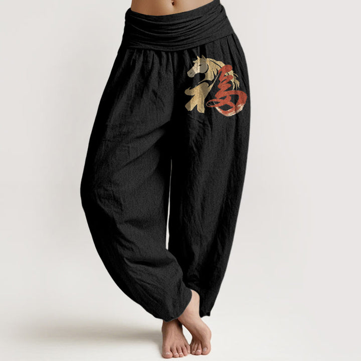 Buddha Stones Czysta bawełna, damskie spodnie haremowe z elastyczną talią i wzorem postaci z kreskówki „Rok konia” Fu - Czarny - US16, UK/AU20, EU48 (3XL) - image 0