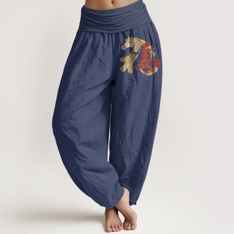 Buddha Stones Czysta bawełna, damskie spodnie haremowe z elastyczną talią i wzorem postaci z kreskówki „Rok konia” Fu - DarkSlateBlue - US16, UK/AU20, EU48 (3XL) - image 5
