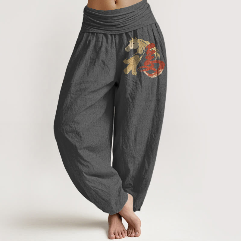 Buddha Stones Czysta bawełna, damskie spodnie haremowe z elastyczną talią i wzorem postaci z kreskówki „Rok konia” Fu - DimGray - US16, UK/AU20, EU48 (3XL) - image 8