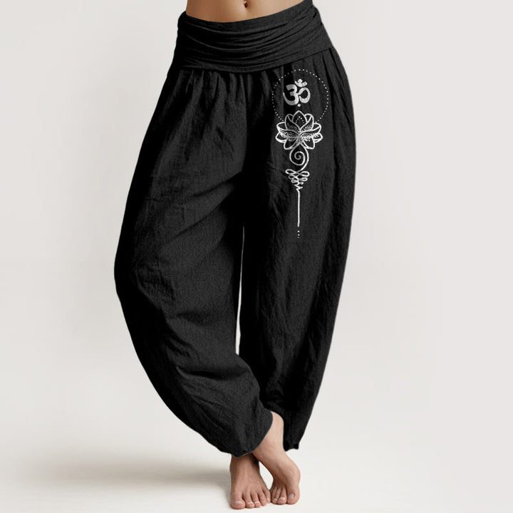Buddha Stones Minimalistyczne spodnie haremowe damskie z czystej bawełny z symbolem Om i wzorem lotosu, z elastyczną talią - Czarny - US16, UK/AU20, EU48 (3XL) - image 0