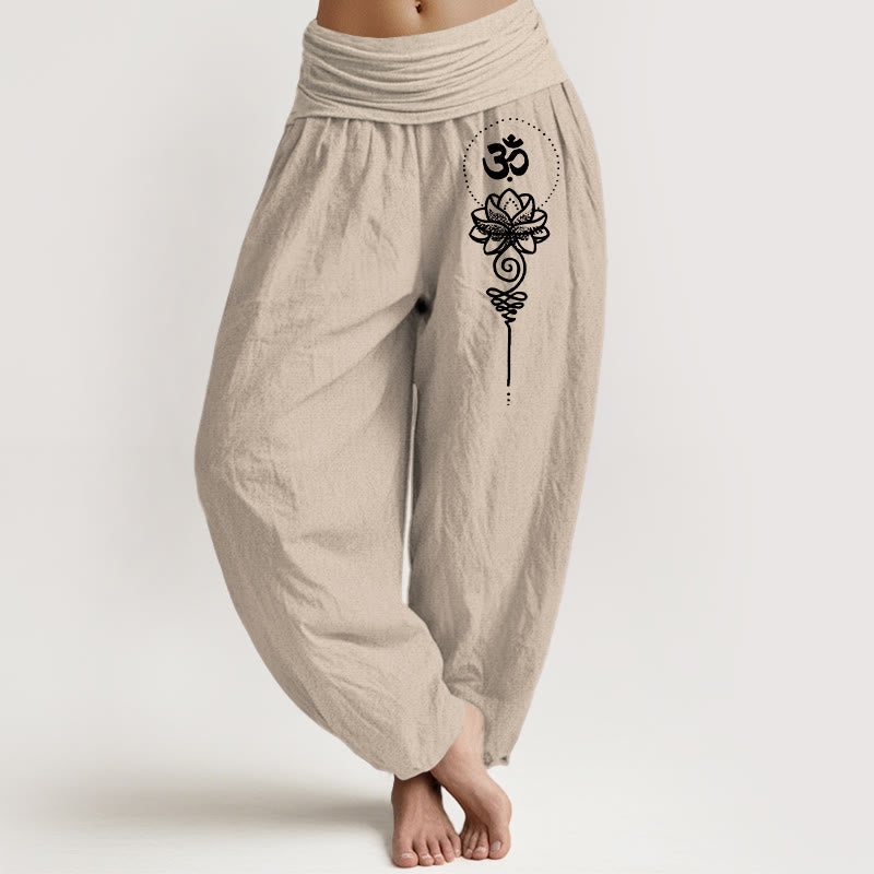 Buddha Stones Minimalistyczne spodnie haremowe damskie z czystej bawełny z symbolem Om i wzorem lotosu, z elastyczną talią - Dębnik - US16, UK/AU20, EU48 (3XL) - image 11