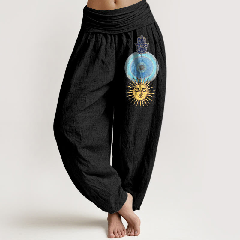 Buddha Stones Spodnie damskie haremowe z elastycznej talii, z czystej bawełny, w minimalistycznym stylu z motywem dłoni Hamsy i słońca - Czarny - US16, UK/AU20, EU48 (3XL) - image 0
