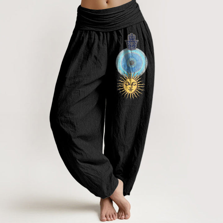 Buddha Stones Spodnie damskie haremowe z elastycznej talii, z czystej bawełny, w minimalistycznym stylu z motywem dłoni Hamsy i słońca - Czarny - US16, UK/AU20, EU48 (3XL) - image 0