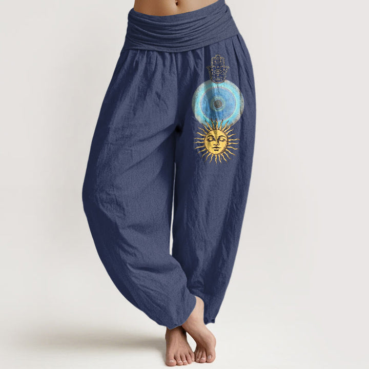 Buddha Stones Spodnie damskie haremowe z elastycznej talii, z czystej bawełny, w minimalistycznym stylu z motywem dłoni Hamsy i słońca - DarkSlateBlue - US16, UK/AU20, EU48 (3XL) - image 5