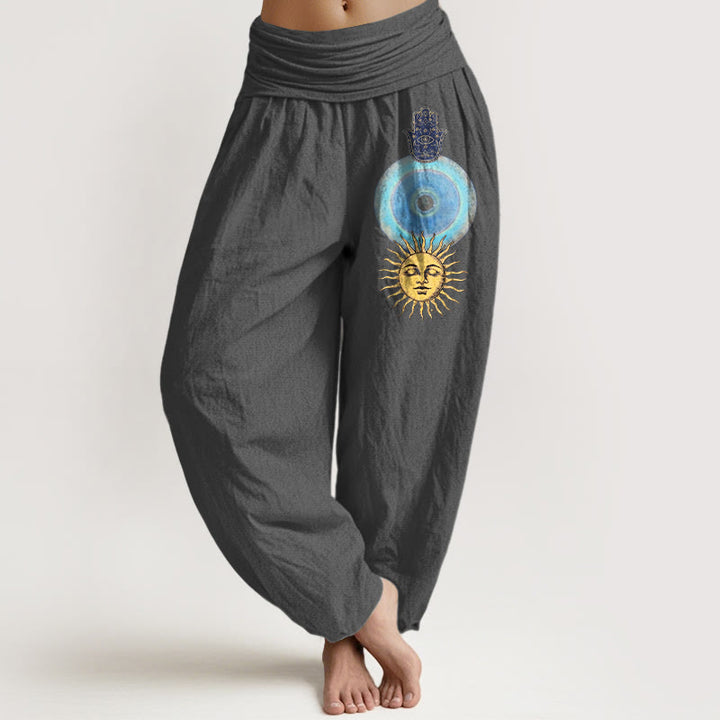 Buddha Stones Spodnie damskie haremowe z elastycznej talii, z czystej bawełny, w minimalistycznym stylu z motywem dłoni Hamsy i słońca - DimGray - US16, UK/AU20, EU48 (3XL) - image 8