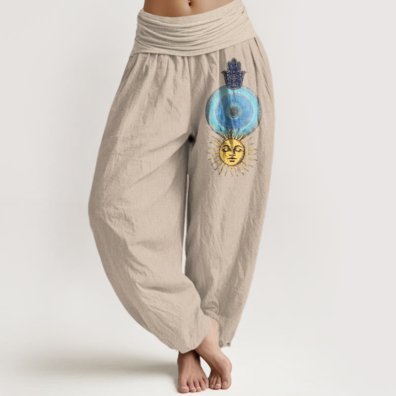 Buddha Stones Spodnie damskie haremowe z elastycznej talii, z czystej bawełny, w minimalistycznym stylu z motywem dłoni Hamsy i słońca - Dębnik - US16, UK/AU20, EU48 (3XL) - image 11