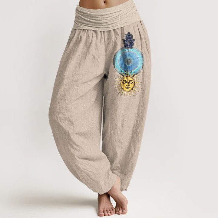 Buddha Stones Spodnie damskie haremowe z elastycznej talii, z czystej bawełny, w minimalistycznym stylu z motywem dłoni Hamsy i słońca - Dębnik - US16, UK/AU20, EU48 (3XL) - image 11