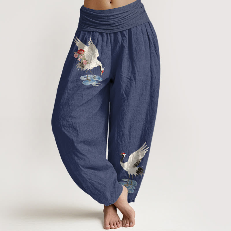 Buddha Stones Eleganckie spodnie haremki damskie z elastycznej talii z motywem chmur i kwiatów żurawia z czystej bawełny - DarkSlateBlue - US16, UK/AU20, EU48 (3XL) - image 0