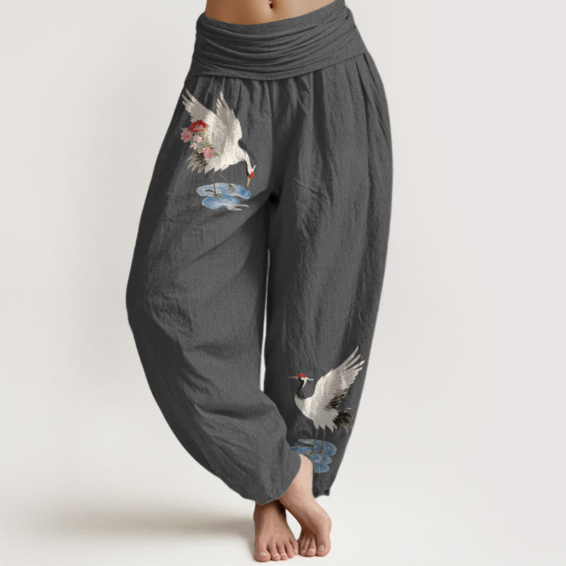 Buddha Stones Eleganckie spodnie haremki damskie z elastycznej talii z motywem chmur i kwiatów żurawia z czystej bawełny - DimGray - US16, UK/AU20, EU48 (3XL) - image 8
