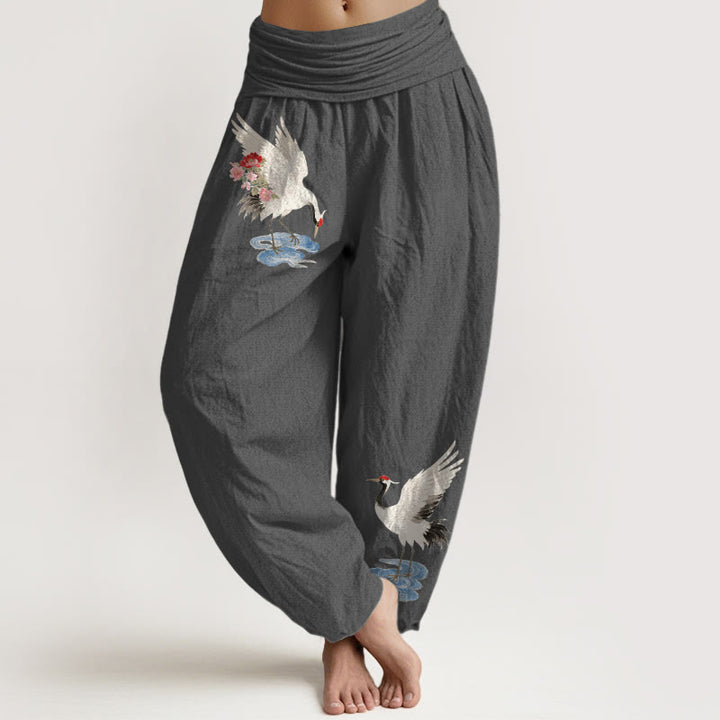 Buddha Stones Eleganckie spodnie haremki damskie z elastycznej talii z motywem chmur i kwiatów żurawia z czystej bawełny - DimGray - US16, UK/AU20, EU48 (3XL) - image 8