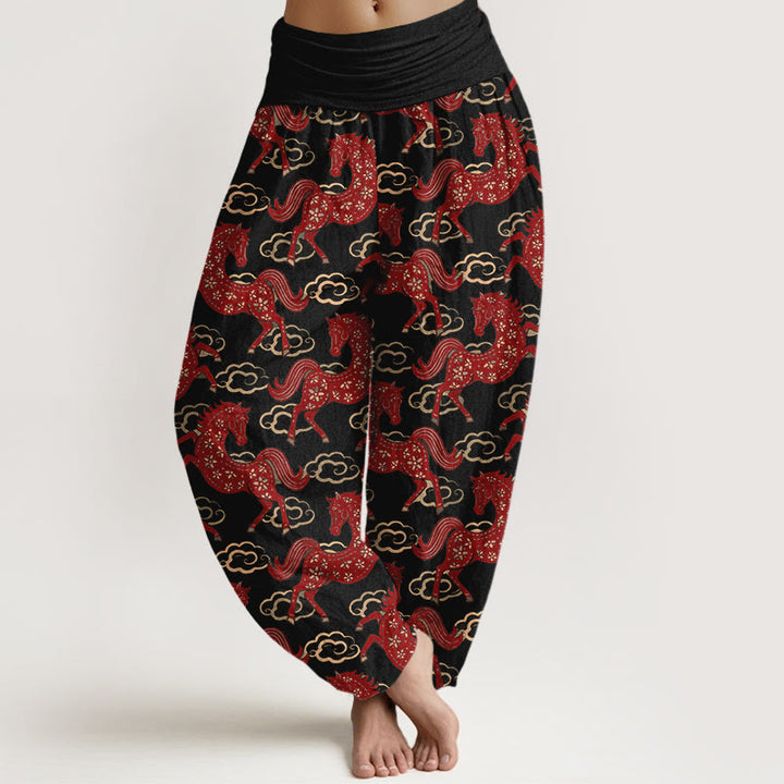 Buddha Stones Bawełniane, piękne, damskie spodnie haremowe z elastyczną talią i wzorem w chmury koni - Czarny - US16, UK/AU20, EU48 (3XL) - image 0