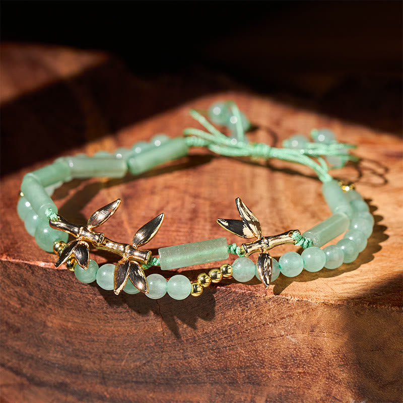 Bransoletka z podwójnymi warstwami zielonego awenturynu z motywem bambusa i Buddha Stones, siła i równowaga - Zielony awenturyn (obwód nadgarstka: 15-17 cm) - image 0