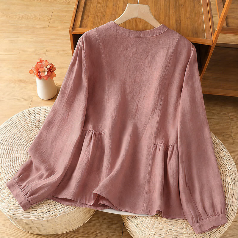 Buddha Stones Koszula damska z długim rękawem i bawełnianymi guzikami w jesienno-zimowym stylu patchworkowym i prostym wzorem - image 1