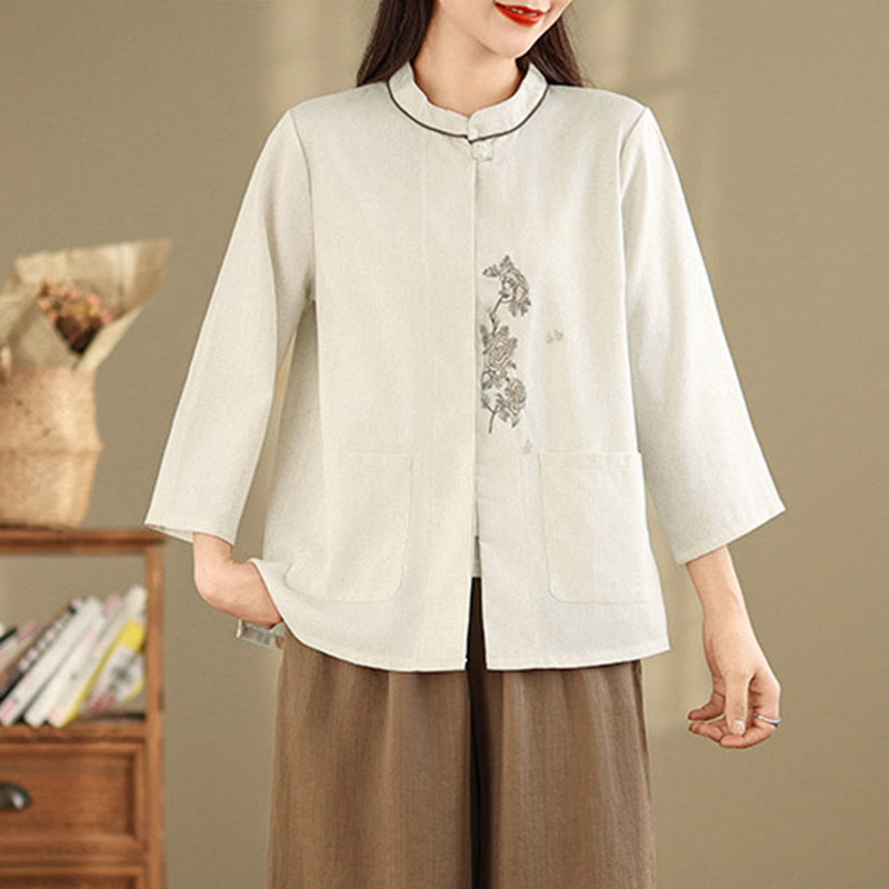 Buddha Stones Koszula damska z bawełny z haftem kwiatowym, rękawami trzy czwarte i kieszeniami - image 8