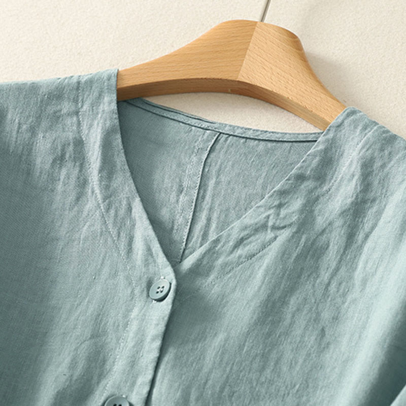 Buddha Stones Letnia, jednokolorowa, damska koszula z krótkim rękawem i dekoltem w serek, guzikami i prostym wzorem - image 1