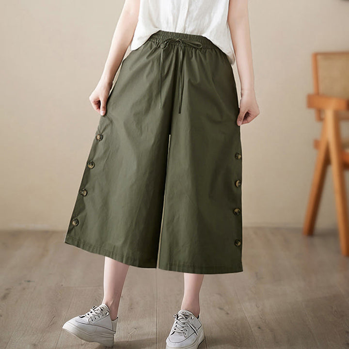 Buddha Stones Spodnie damskie Capri z szerokimi nogawkami i kieszeniami, proste, zapinane z boku na guziki - image 12