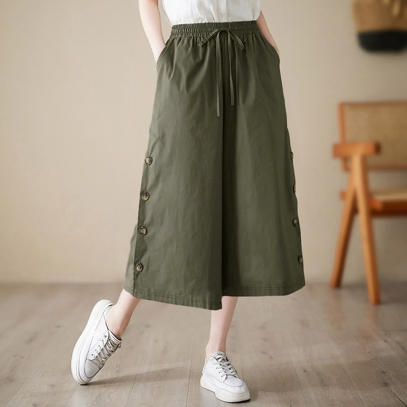 Buddha Stones Spodnie damskie Capri z szerokimi nogawkami i kieszeniami, proste, zapinane z boku na guziki - DarkOliveGreen - US8-10，UK/AU12-14，EU40-42 (2XL) - image 10