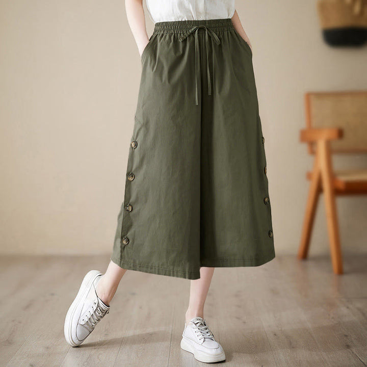 Buddha Stones Spodnie damskie Capri z szerokimi nogawkami i kieszeniami, proste, zapinane z boku na guziki - DarkOliveGreen - US8-10，UK/AU12-14，EU40-42 (2XL) - image 10