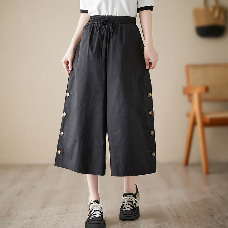 Buddha Stones Spodnie damskie Capri z szerokimi nogawkami i kieszeniami, proste, zapinane z boku na guziki - Czarny - US8-10，UK/AU12-14，EU40-42 (2XL) - image 5