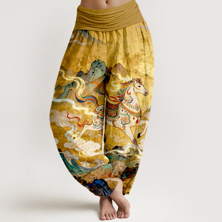 Buddha Stones Bawełniane, piękne, damskie spodnie haremowe z elastyczną talią i wzorem w chmury górskie - Nawłoć - US16, UK/AU20, EU48 (3XL) - image 0