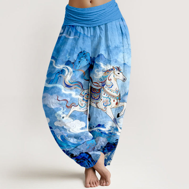 Buddha Stones Bawełniane, piękne, damskie spodnie haremowe z elastyczną talią i wzorem w chmury górskie - DodgerBlue - US16, UK/AU20, EU48 (3XL) - image 8