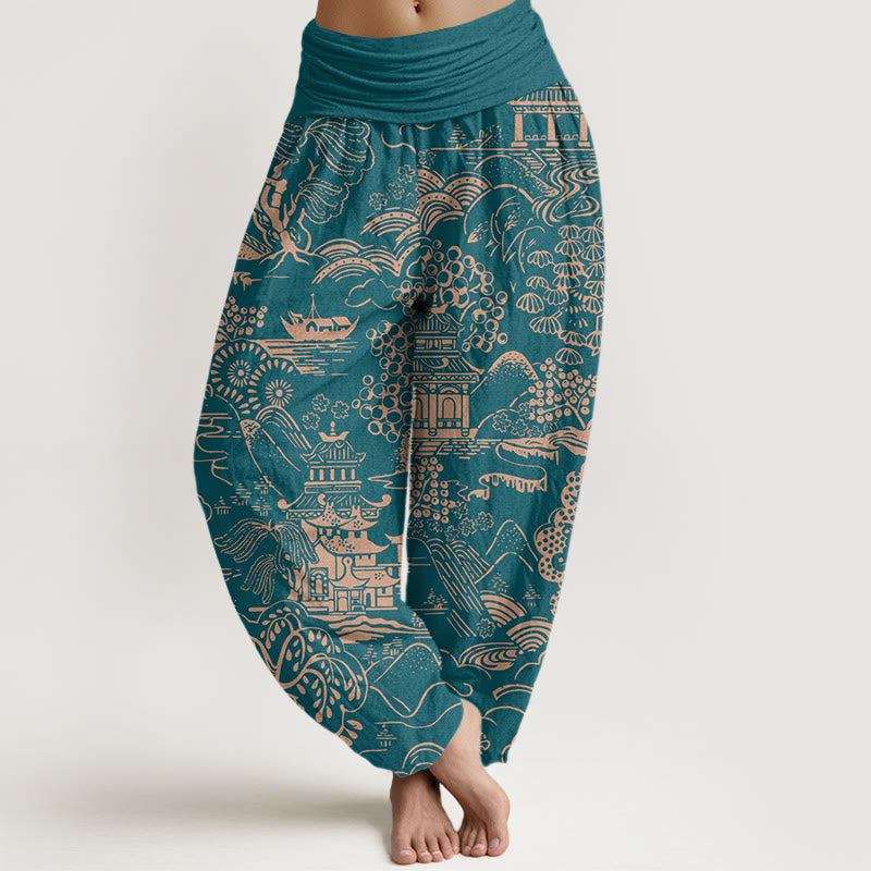 Buddha Stones Bawełniane spodnie haremki damskie z elastyczną talią i wzorem w chmury i drzewa - Cyraneczka - US16, UK/AU20, EU48 (3XL) - image 0