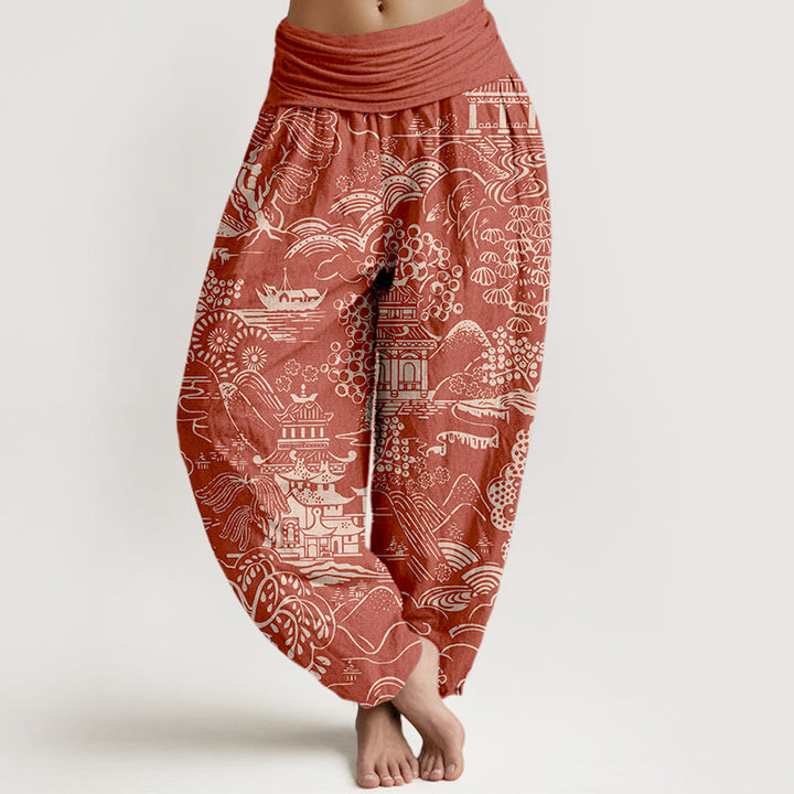 Buddha Stones Bawełniane spodnie haremki damskie z elastyczną talią i wzorem w chmury i drzewa - Pomidor - US16, UK/AU20, EU48 (3XL) - image 5