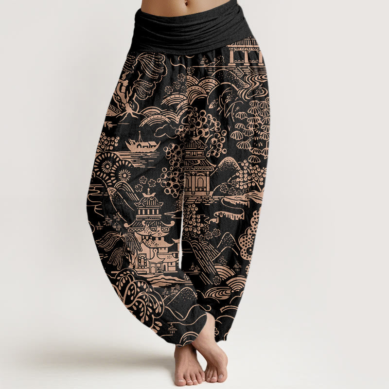 Buddha Stones Bawełniane spodnie haremki damskie z elastyczną talią i wzorem w chmury i drzewa - Czarny - US16, UK/AU20, EU48 (3XL) - image 8