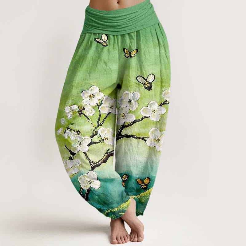 Buddha Stones Bawełniane, kolorowe, damskie spodnie haremowe z elastyczną talią i wzorem w kwiaty i motyle - Wiosenna Zieleń - US16, UK/AU20, EU48 (3XL) - image 8