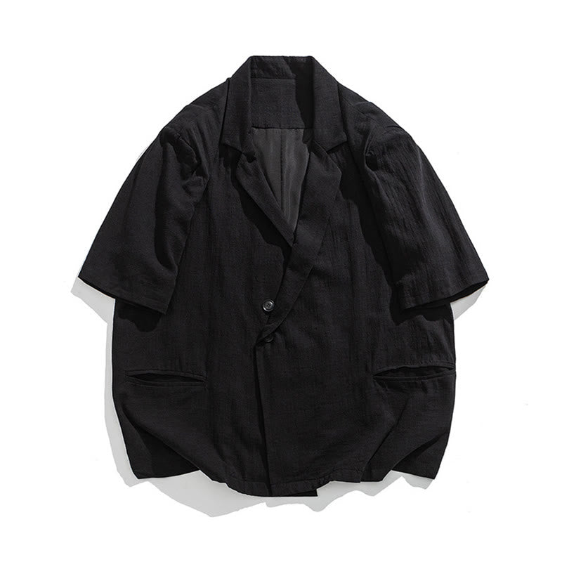 Buddha Stones Koszula męska z bawełny lnianej, prosta, asymetryczna, z kołnierzykiem z klapami i krótkim rękawem, z kieszeniami - image 17