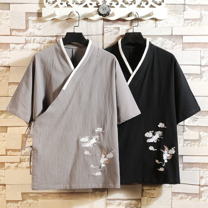 Buddha Stones Męska bawełniana kurtka kimono z krótkim rękawem i haftowanym wzorem żurawia i chmur, otwarta z przodu - image 15