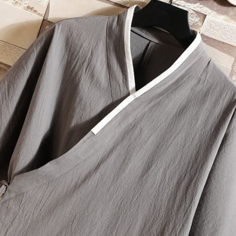 Buddha Stones Męska bawełniana kurtka kimono z krótkim rękawem i haftowanym wzorem żurawia i chmur, otwarta z przodu - image 3