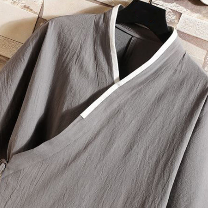 Buddha Stones Męska bawełniana kurtka kimono z krótkim rękawem i haftowanym wzorem żurawia i chmur, otwarta z przodu - image 3