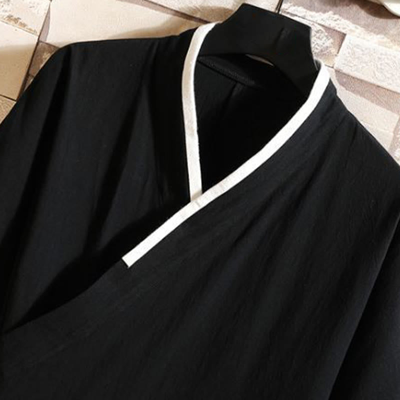 Buddha Stones Męska bawełniana kurtka kimono z krótkim rękawem i haftowanym wzorem żurawia i chmur, otwarta z przodu - image 6