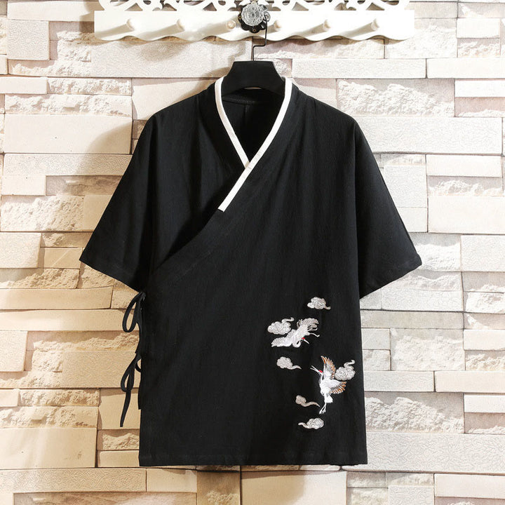 Buddha Stones Męska bawełniana kurtka kimono z krótkim rękawem i haftowanym wzorem żurawia i chmur, otwarta z przodu - Czarny - US/UK/AU46， EU56 (5XL) - image 4