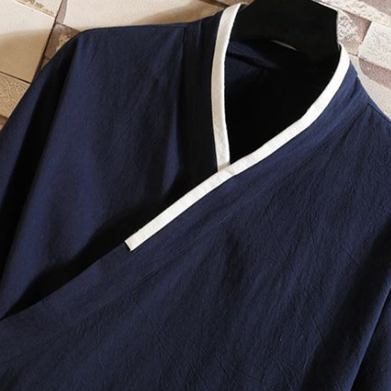 Buddha Stones Męska bawełniana kurtka kimono z krótkim rękawem i haftowanym wzorem żurawia i chmur, otwarta z przodu - image 1