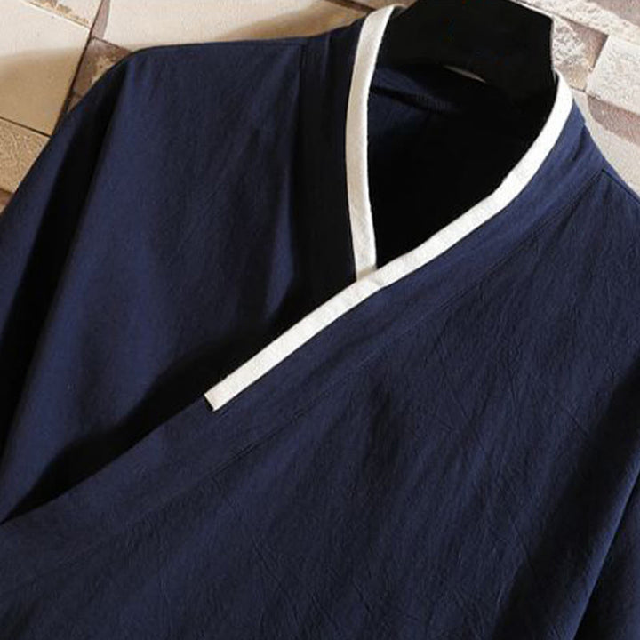 Buddha Stones Męska bawełniana kurtka kimono z krótkim rękawem i haftowanym wzorem żurawia i chmur, otwarta z przodu - image 1