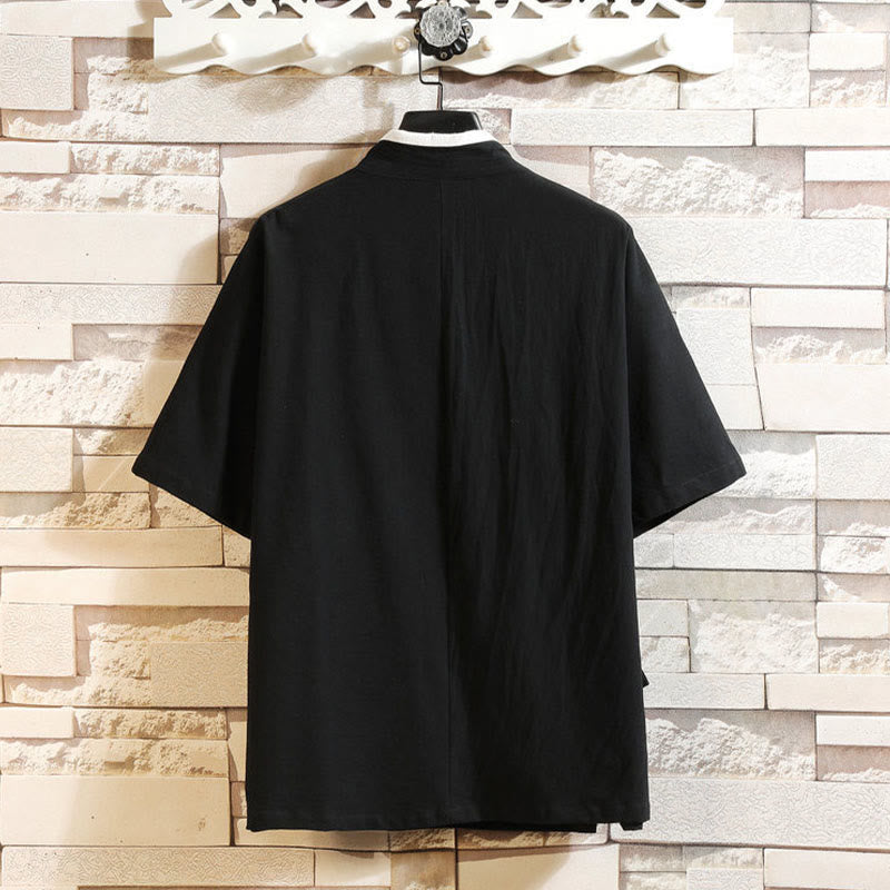 Buddha Stones Męska bawełniana kurtka kimono z krótkim rękawem i haftowanym wzorem żurawia i chmur, otwarta z przodu - image 5