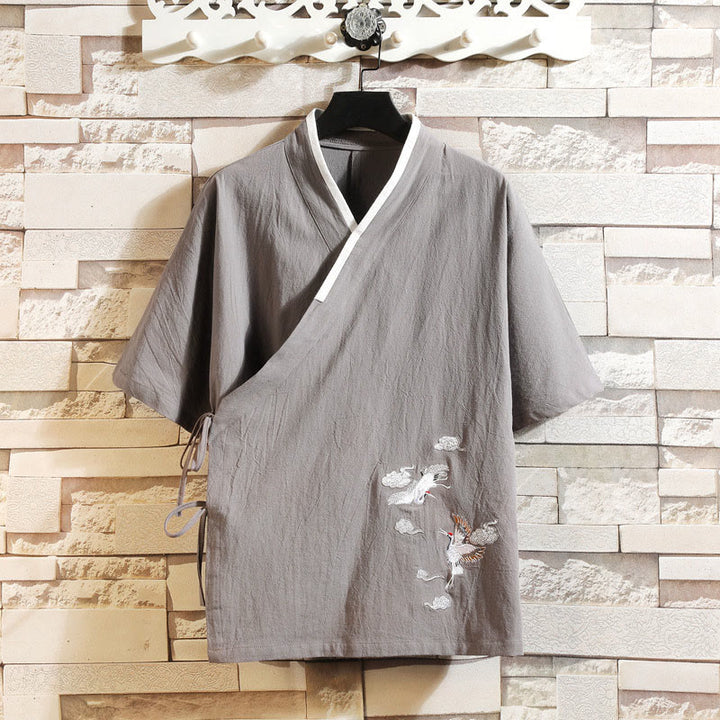 Buddha Stones Męska bawełniana kurtka kimono z krótkim rękawem i haftowanym wzorem żurawia i chmur, otwarta z przodu - Ciemnoszary - US/UK/AU46， EU56 (5XL) - image 2