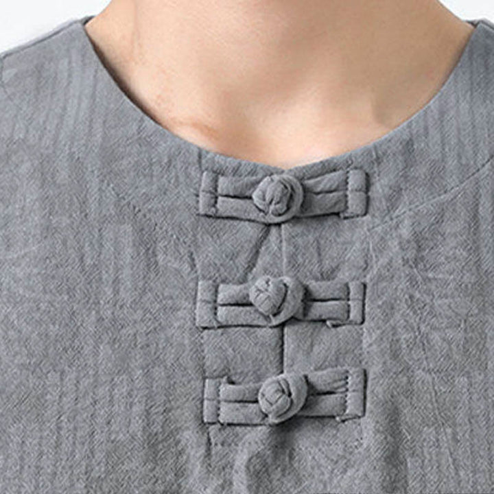 Buddha Stones Koszula męska z bawełny z krótkim rękawem i żabim guzikiem w letnie kwiaty i trawiasty wzór - image 7
