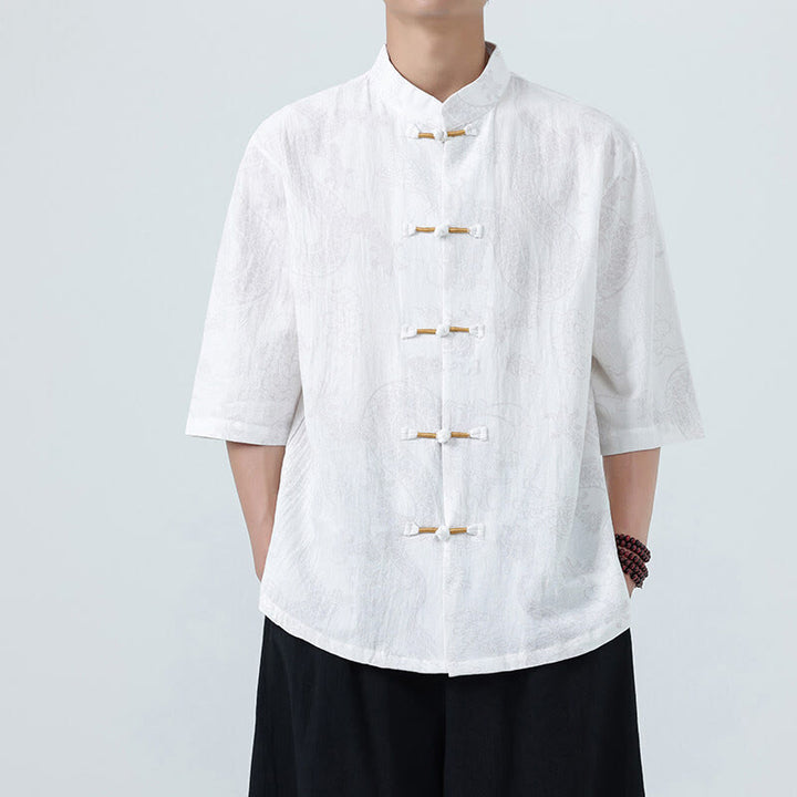 Buddha Stones Letnia koszula męska z nadrukiem smoka i chmur, z krótkim rękawem i guzikami w kształcie żaby - Biały - US/UK/AU46， EU56 (5XL) - image 16
