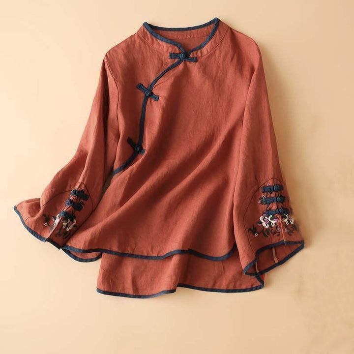Koszula damska z długim rękawem i haftem w kwiaty w stylu retro z motywem Buddha Stones - Czerwony - US12, UK/AU16, EU44 (4XL) - image 0