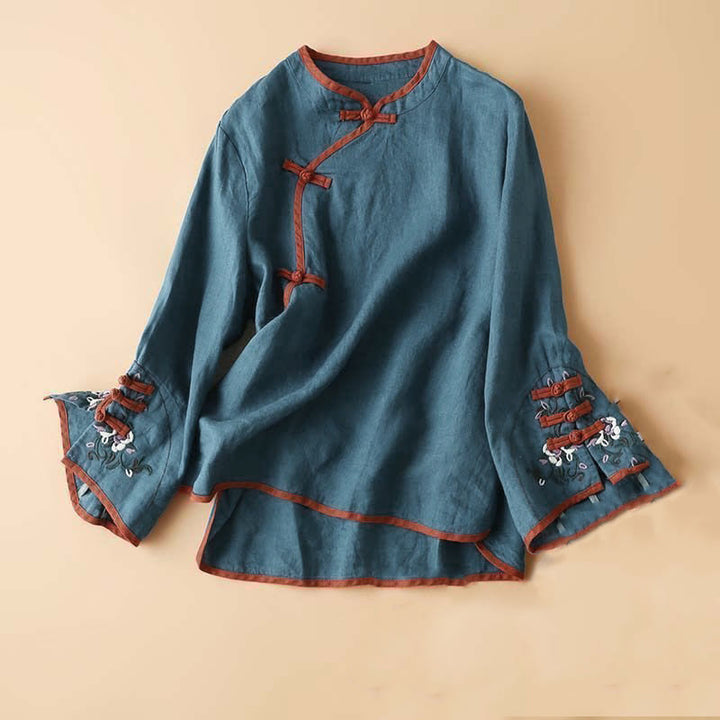 Koszula damska z długim rękawem i haftem w kwiaty w stylu retro z motywem Buddha Stones - Stalowoniebieski - US12, UK/AU16, EU44 (4XL) - image 10