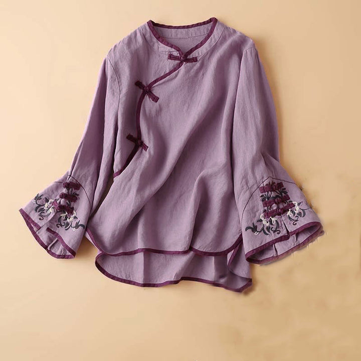 Koszula damska z długim rękawem z bawełny i lnu z motywem kwiatów Buddha Stones w stylu retro - Fioletowy - US12, UK/AU16, EU44 (4XL) - image 16