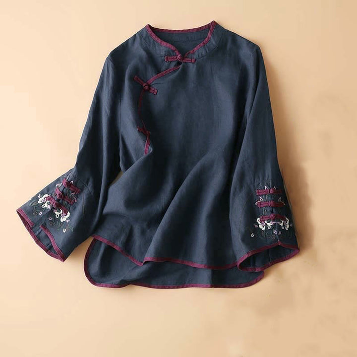Koszula damska z długim rękawem i haftem w kwiaty w stylu retro z motywem Buddha Stones - DarkSlateBlue - US12, UK/AU16, EU44 (4XL) - image 21